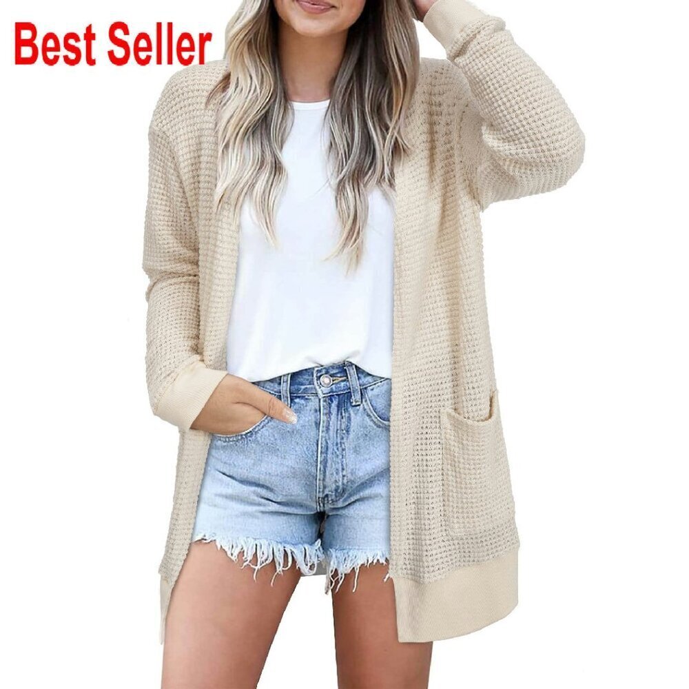 Lightweight Open Front Cardigan Sweater Waffle Knit Boho Chic Casual